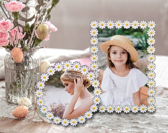 Set Of 2 Flower Daisy Deco Art Picture Frame - Unique Metal Photo Frame 5*7 for Perfectly Displaying Wedding Photos - Crystal Embellishments