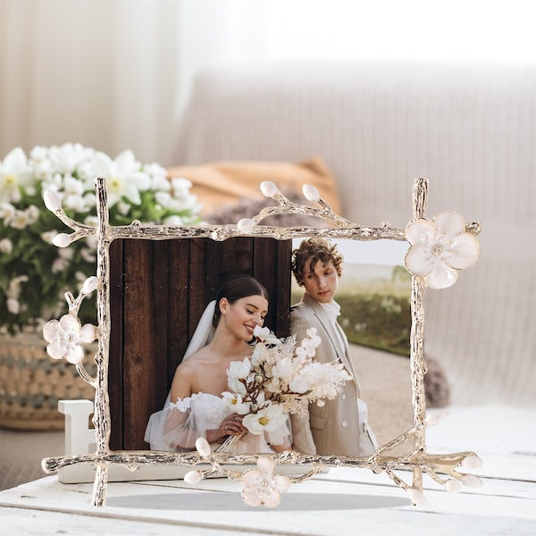 White Flower Deco Art Picture Frames - Elegant Metal Photo Frame 5*7 for Perfectly Displaying Wedding Photos and Memorable Moments