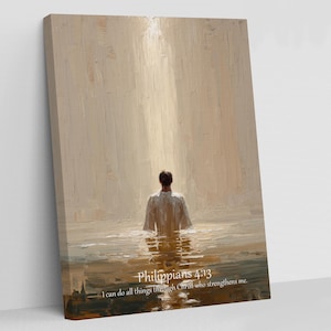 Puede incluir: Pintura al óleo que representa a una persona en el agua, vista de espaldas, con luz desde arriba. El texto "Filipenses 4:13 Todo lo puedo en Cristo que me fortalece" se encuentra en la parte inferior.