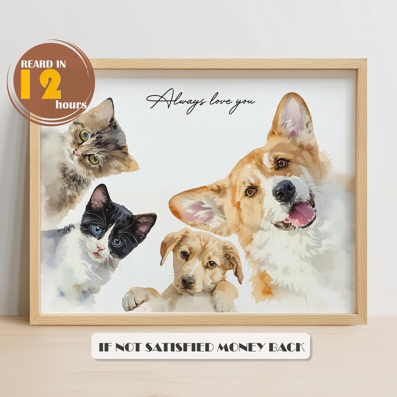 K&ouml;nnte beinhalten: Ein gerahmtes Aquarellbild von drei Haustieren: einer schwarz-wei&szlig;en Katze, einem braun-wei&szlig;en Hund und einem braunen und wei&szlig;en Hund. Das Bild tr&auml;gt den Text "Always love you" und ist in einem hellen Holzrahmen gerahmt.