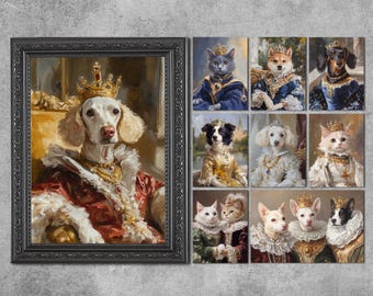 May include: A collection of regal pet portraits. The main image features a dog in a royal portrait with a gold crown and ornate clothing. Additional portraits include cats and dogs, each adorned in crowns and period attire, creating a whimsical and elegant theme.
