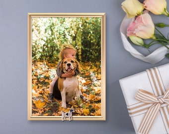 Golden Metal Home Decor Photo Frame - 5"x7" Table Frames Display Wall Art Frames Real Glass With Jewelry Dog Brooch