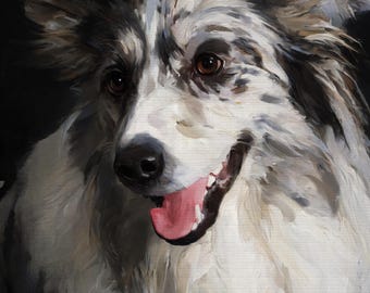 May include: A painted portrait of a dog with a white and gray coat, brown eyes, and a pink tongue. The dog is smiling with its mouth open. The text "READY IN 12 HOURS" is in a circle above the dog's head. The text "IF NOT SATISFIED MONEY BACK" is at the bottom.