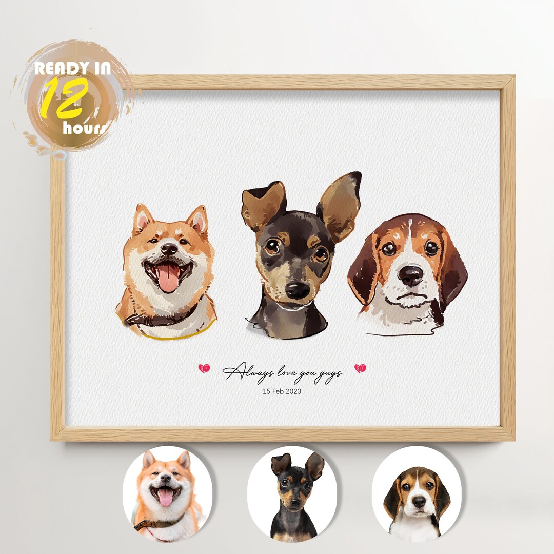 Custom Watercolor Pet Portrait From Photo, Hand Painted Dog Cat ...
