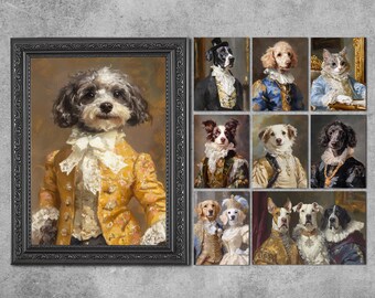 May include: A collection of pet portraits in the style of classic oil paintings. The artwork features dogs and a cat dressed in historical attire, with a large framed portrait of a dog in a yellow coat.