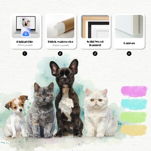 K&ouml;nnte beinhalten: Eine digitale Illustration von vier Haustieren: ein wei&szlig;er Hund, eine graue Katze, eine schwarz-wei&szlig;e Franz&ouml;sische Bulldogge und eine wei&szlig;e Katze. Die Haustiere sitzen in einer Reihe auf einem hellblauen Hintergrund mit Aquarellspritzer. Das Bild ist als digitale Datei, als dicker Aquarelldruck, als Druck mit Massivholzrahmen oder als Leinwanddruck erh&auml;ltlich.