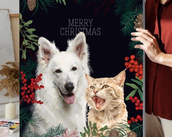 Weihnachten Haustier Portrait, individuelle Aquarell Haustier Gemälde, Geschenk zur Familie