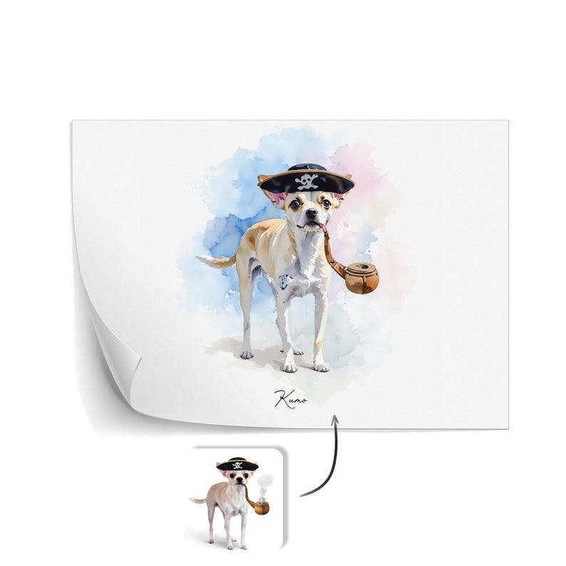 K&ouml;nnte beinhalten: Aquarellmalerei eines kleinen Hundes, der einen Piratenhut tr&auml;gt und eine Pfeife h&auml;lt. Der Hund ist hellbraun mit wei&szlig;en Markierungen und steht auf einem blauen und rosa Aquarellhintergrund. Das Bild ist unten rechts mit "Kuna" signiert.