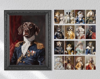 May include: A framed portrait of a brown and white dog wearing a military uniform. The dog is standing in front of a red and gold background. The frame is black with ornate detailing. The image is surrounded by smaller images of other dogs in various poses and costumes.