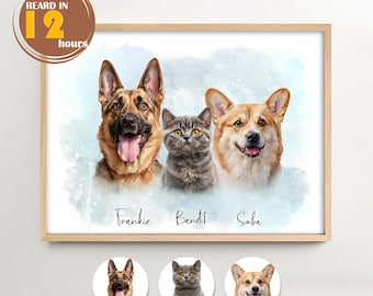 Custom Multiple Pet Portrait for Pet Lovers Watercolor Dog Portrait Print from Pet Photo Personalized Digital Dog Portraits Painting