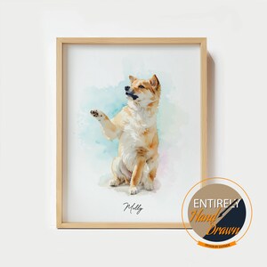 K&ouml;nnte beinhalten: Ein Aquarellbild eines Hundes namens "Molly" in sitzender Position mit erhobenem Pfote. Der Hund ist hellbraun mit wei&szlig;en Markierungen und vor einem blauen und rosa Aquarellhintergrund platziert.