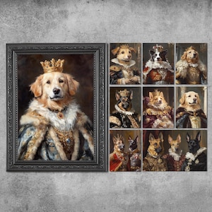 May include: A collection of dog portraits in regal attire, including crowns and ornate clothing. The main image features a golden retriever in a royal portrait within a black ornate frame. Additional portraits of various dog breeds are displayed.