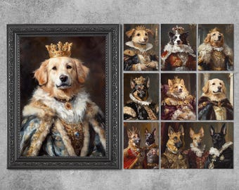 May include: A collection of dog portraits in regal attire, including crowns and ornate clothing. The main image features a golden retriever in a royal portrait within a black ornate frame. Additional portraits of various dog breeds are displayed.