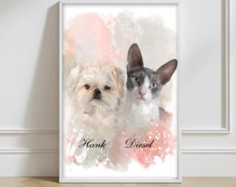 Custom Watercolor Pet Portrait | Multiple Pets, Memorial Art