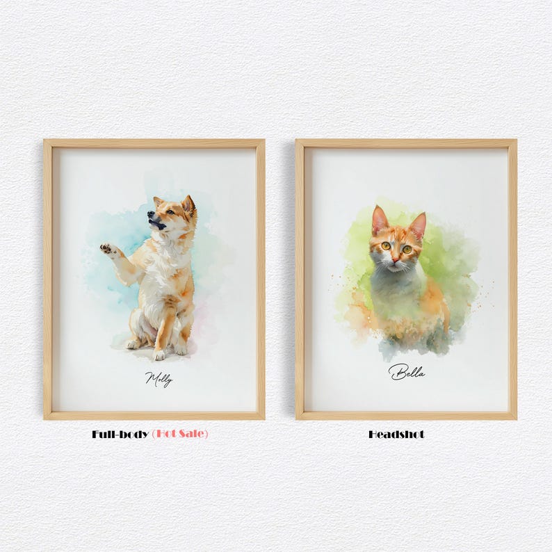 K&ouml;nnte beinhalten: Zwei gerahmte Aquarellbilder von Haustieren. Das erste Bild zeigt einen Hund namens "Milly" in Ganzk&ouml;rperansicht. Das zweite Bild zeigt eine Katze namens "Bella" als Kopfportrait.