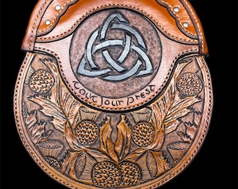 Handmade Hunting Sporran - Celtic Knot  Thistle Design - Customizable - Carmichael Clan Motto
