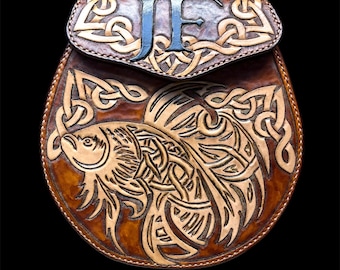 Custom Handmade Leather Sporran Celtic Fish Brown