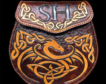 Custom Handmade Leather Sporran Celtic Dragon Brown