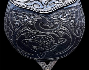 Custom Handmade Leather Sporran Celtic Dragon Black