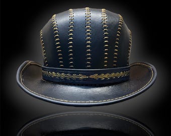 Handmade Black Leather Bowler Hat Steampunk Style