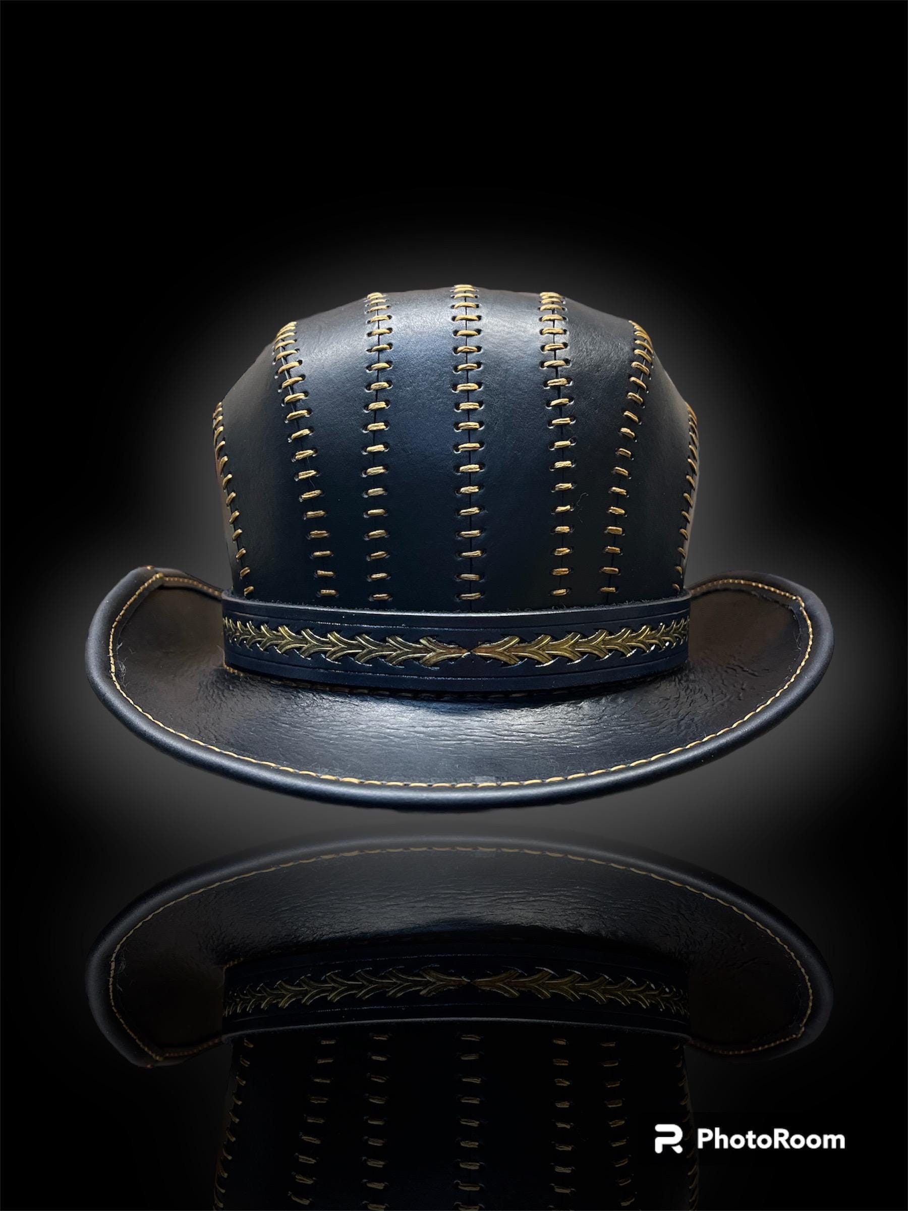 Handmade Black Leather Bowler Hat Steampunk Style