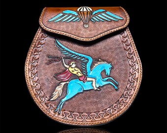 Custom Handmade Leather Sporran Airborne, Parachute Corps, Pegasus, Brown