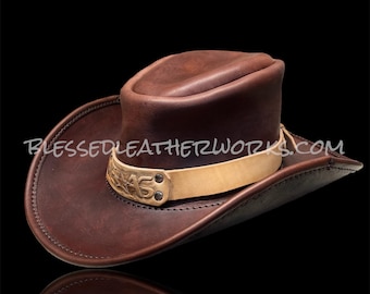 Handmade Brown or Black Leather Cowboy Hat