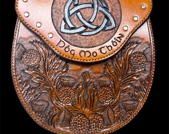 Custom Handmade Leather Sporran - Celtic Knot  Thistle Design - Customizable Clan Motto