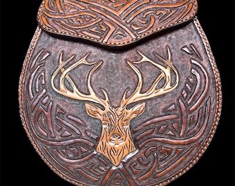 Custom Handmade Leather Sporran Celtic Stag Brown