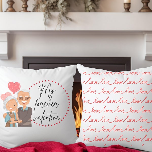 Elderly Long Married Couple Accent Decorative Pillow, Gray Haired Couple Seasoned Twosome Square Scatter Cushion, My Forever Valentine Throw