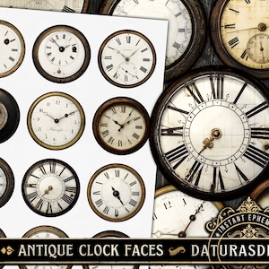 May include: A collection of 12 antique clock faces with Roman numeral and Arabic numeral markings. The clock faces are in various styles and have a distressed, vintage look.  The clock faces are on a white background with a black border.