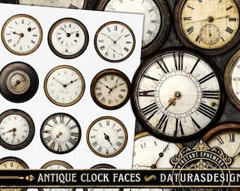 May include: A collection of 12 antique clock faces with Roman numeral and Arabic numeral markings. The clock faces are in various styles and have a distressed, vintage look.  The clock faces are on a white background with a black border.