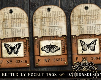 Butterfly Pocket Tags: Printable Ephemera, Specimen Pocket Tags, Digital Junk, Grunge Ephemera for Junk Journalling & other Paper Crafts