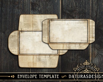Puede incluir: Una plantilla de sobre imprimible con un diseño de periódico vintage. La plantilla tiene dos secciones para escribir direcciones. El texto "Envelope Template" y "Daturasdesign" está en la parte inferior de la imagen.