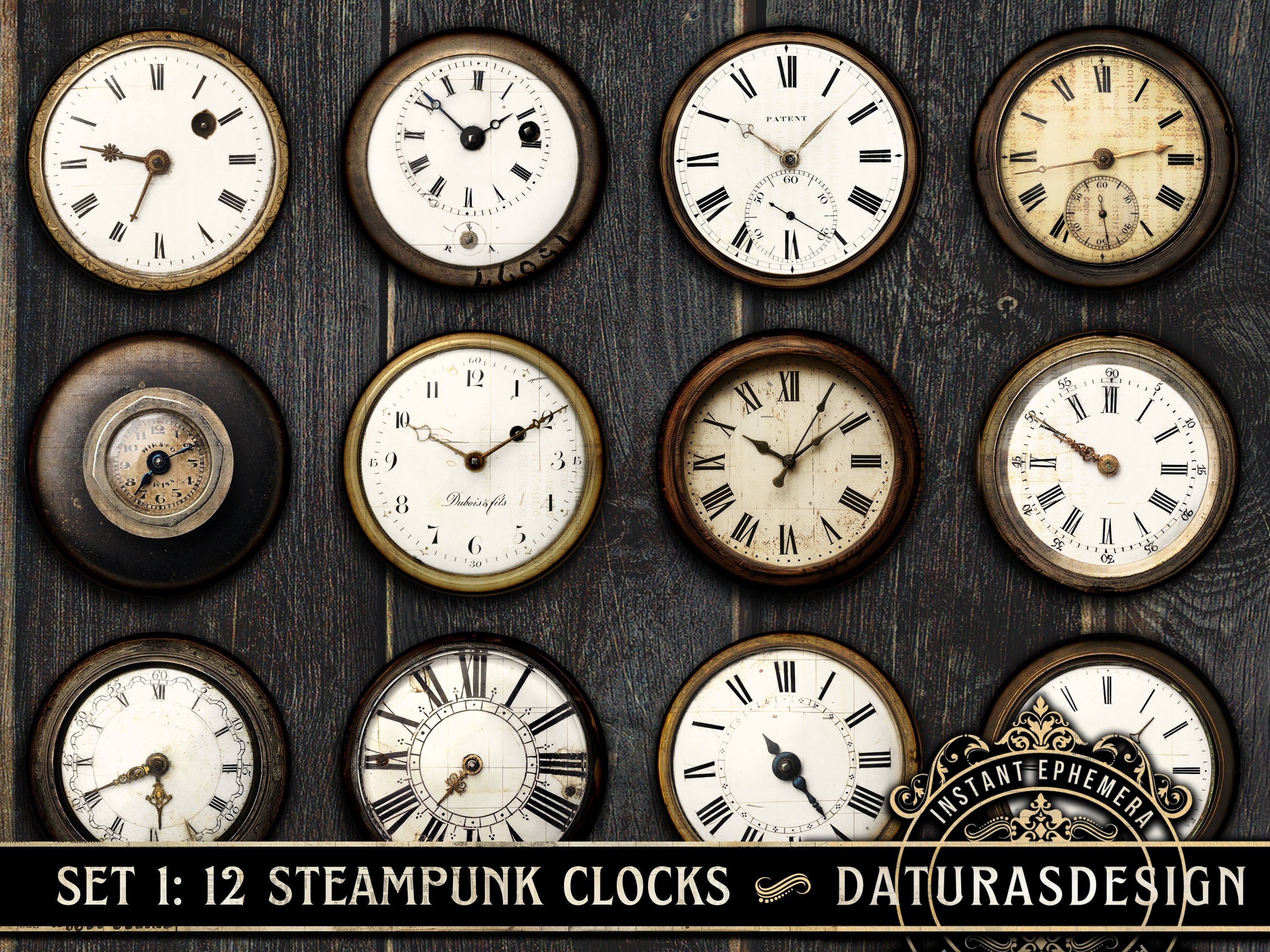 Retro Clock Faces: Printable Clock Faces, Printable Gauges, Grunge ...