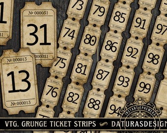 Grunge Ticket Strips: Printable Ticket Strips, Printable Vintage Tickets Digital Junk Journal Ephemera for Journalling & other Paper Crafts