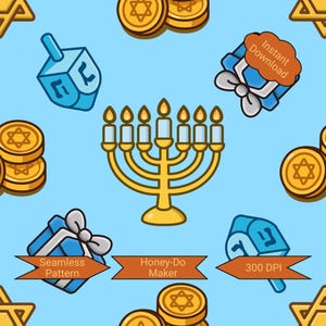 Pode incluir: Padrão sem costura com ilustrações temáticas de Hanukkah em um fundo azul claro. O design inclui um menorá dourado, dreidels, moedas e caixas de presente. As palavras "Download instantâneo", "Padrão sem costura", "Honey-Do Maker" e "300 DPI" também estão incluídas.