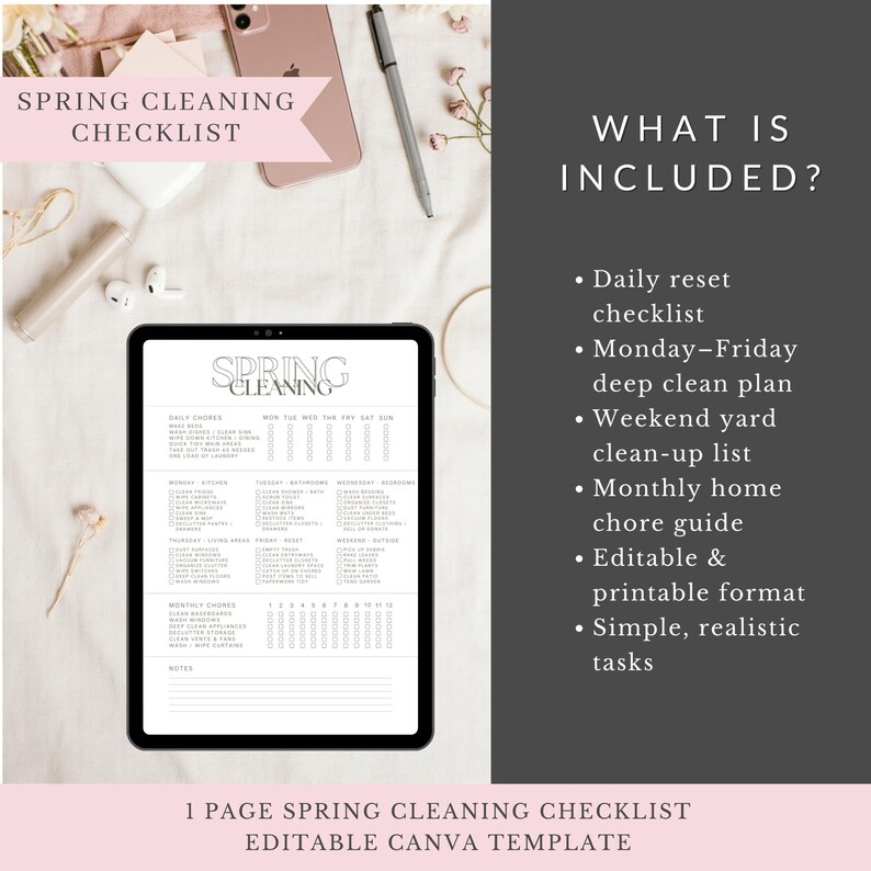 Spring Cleaning Checklist | Canva Editable Template | Daily Weekly ...