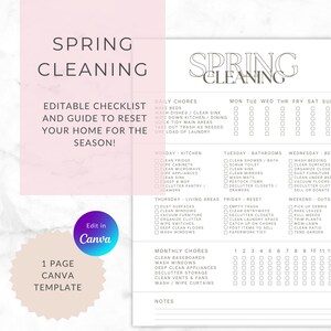 May include: A spring cleaning checklist template with the words "Spring Cleaning" at the top. The checklist includes daily, weekly, and monthly chores, with a section to edit in Canva. The template is designed to reset your home for the season.
