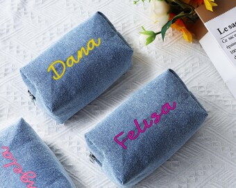 Personalized Embroidered Denim Makeup Bag, Bridesmaid Gift
