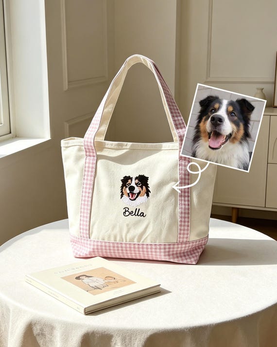 Custom Embroidered Pet Tote Bag, Personalized pet Canvas Tote with Name,Gingham Check Shoulder Bag, Gift for Pet Lovers,Blue/Pink Available