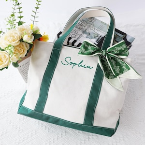 Custom Tote Bag, Bridesmaid Gift, Canvas Tote Bag, Beach Bag with Ribbon, Custom Initials Gifts, Personalized Embroidered Wedding Gift bag,