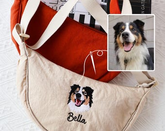 Tas huisdierportret, schoudertas, gepersonaliseerde heuptas, aangepast hondenportret, gezicht huisdier geborduurd, cadeau vader Dod，Valentijnscadeau