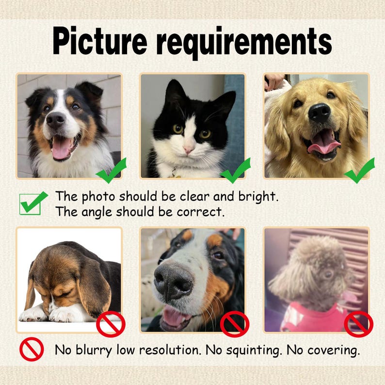 May include: An instructional graphic titled Picture requirements featuring six square photos of pets. The top row shows three clear, well-lit animal portraits marked with green checkmarks. The bottom row displays three poor-quality photos marked with red prohibition symbols. Text below reads: The photo should be clear and bright. The angle should be correct. No blurry low resolution. No squinting. No covering.