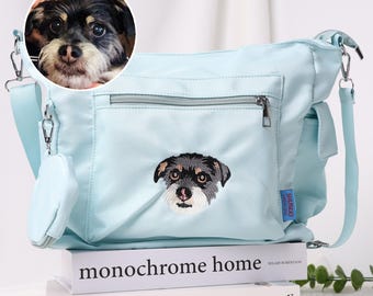 Custom Pet Portrait Canvas Tote Bag, Embroidered Dog or Cat Face, Slightly waterproof material, Embroidered pet bag, personalized gift