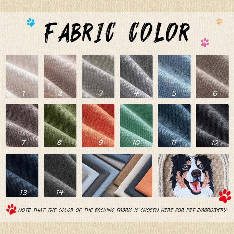 May include: A color chart displaying fabric swatches in various shades, numbered 1 through 14. The swatches include neutral tones, blues, greens, and a vibrant orange. The text "FABRIC COLOR" is at the top, with a note about backing fabric color for pet embroidery.