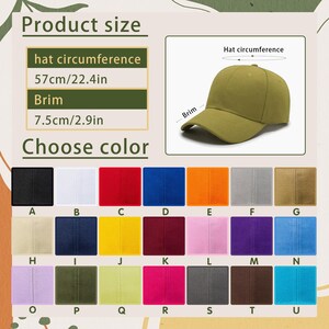 May include: Olive green baseball cap with a 22.4-inch circumference and a 2.9-inch brim. The image also displays a color chart with various options, including black, white, red, blue, and more. The text reads "Product size" and "Choose color."