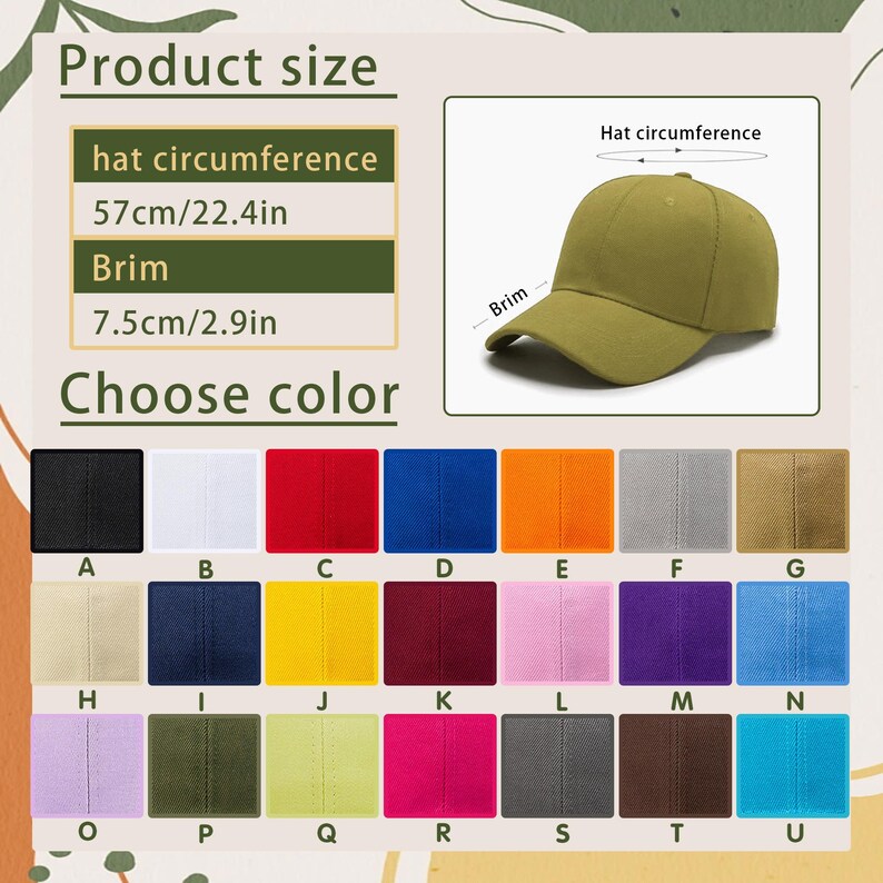 May include: Olive green baseball cap with a 22.4-inch circumference and a 2.9-inch brim. The image also displays a color chart with various options, including black, white, red, blue, and more. The text reads "Product size" and "Choose color."