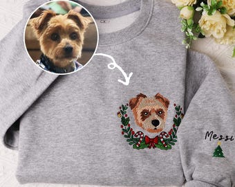 写真を使ったペット用クリスマス刺繍スウェットシャツ、カスタム犬用セーター、ペットオーナーへの刺繍猫クルーネックギフト、犬ママのホリデーシャツ