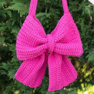 Handmade Pink Hand Crochet Bow Bag - Coquette Shoulder Bag, Girl Bow Bag, Crochet Bow Bag, Crochet Shoulder Purse, Knit Shoulder Bag
